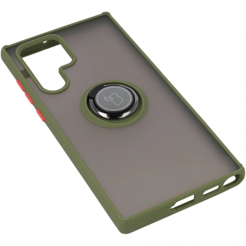 Etui z uchwytem na palec Bizon Case Hybrid Ring do Samsung Galaxy S22 Ultra przydymione z zieloną ramką