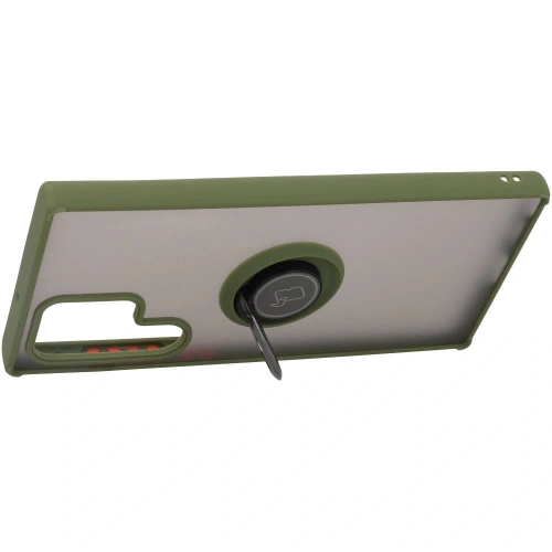 Etui z uchwytem na palec Bizon Case Hybrid Ring do Samsung Galaxy S22 Ultra przydymione z zieloną ramką