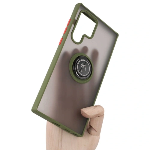 Etui z uchwytem na palec Bizon Case Hybrid Ring do Samsung Galaxy S22 Ultra przydymione z zieloną ramką