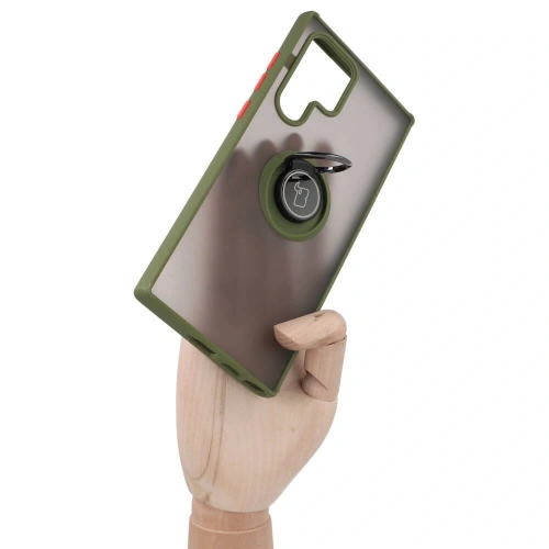 Etui z uchwytem na palec Bizon Case Hybrid Ring do Samsung Galaxy S22 Ultra przydymione z zieloną ramką
