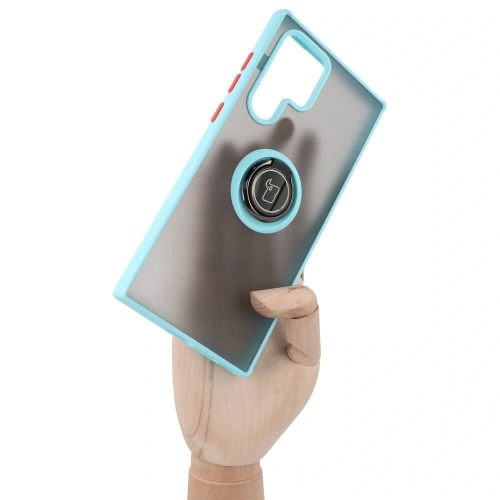 Etui z uchwytem na palec Bizon Case Hybrid Ring do Samsung Galaxy S22 Ultra przydymione z jasnoniebieską ramką