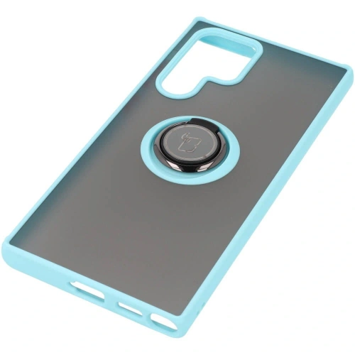 Etui z uchwytem na palec Bizon Case Hybrid Ring do Samsung Galaxy S22 Ultra przydymione z jasnoniebieską ramką