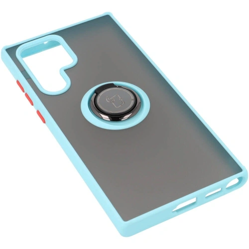Etui z uchwytem na palec Bizon Case Hybrid Ring do Samsung Galaxy S22 Ultra przydymione z jasnoniebieską ramką