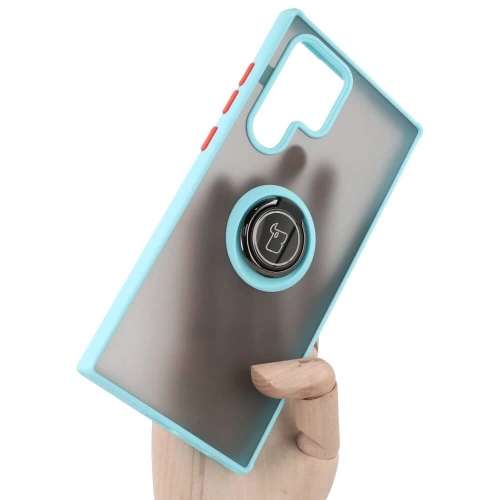Etui z uchwytem na palec Bizon Case Hybrid Ring do Samsung Galaxy S22 Ultra przydymione z jasnoniebieską ramką