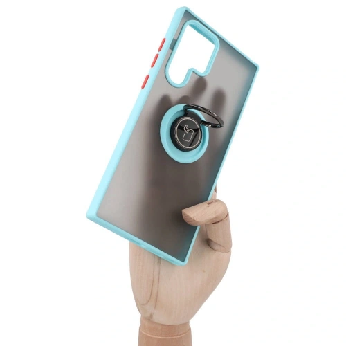 Etui z uchwytem na palec Bizon Case Hybrid Ring do Samsung Galaxy S22 Ultra przydymione z jasnoniebieską ramką