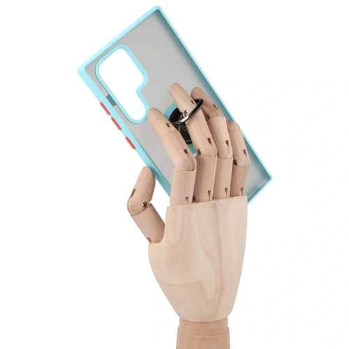 Etui z uchwytem na palec Bizon Case Hybrid Ring do Samsung Galaxy S22 Ultra przydymione z jasnoniebieską ramką