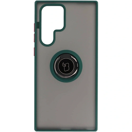Etui z uchwytem na palec Bizon Case Hybrid Ring do Samsung Galaxy S22 Ultra przydymione z ciemnozieloną ramką