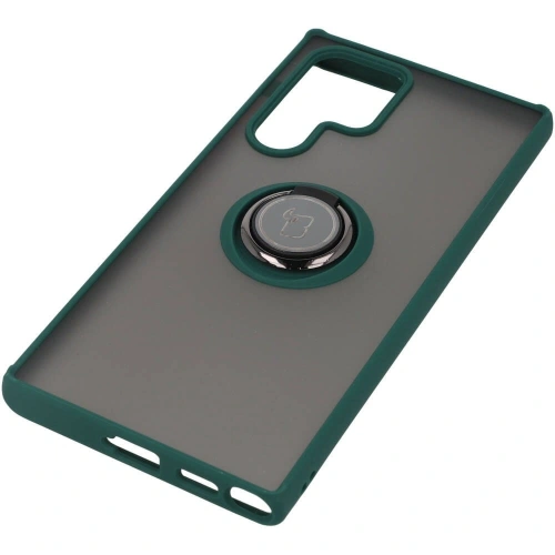 Etui z uchwytem na palec Bizon Case Hybrid Ring do Samsung Galaxy S22 Ultra przydymione z ciemnozieloną ramką