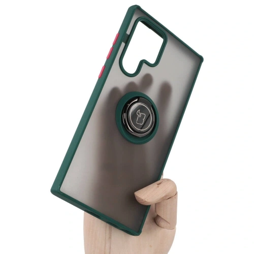 Etui z uchwytem na palec Bizon Case Hybrid Ring do Samsung Galaxy S22 Ultra przydymione z ciemnozieloną ramką