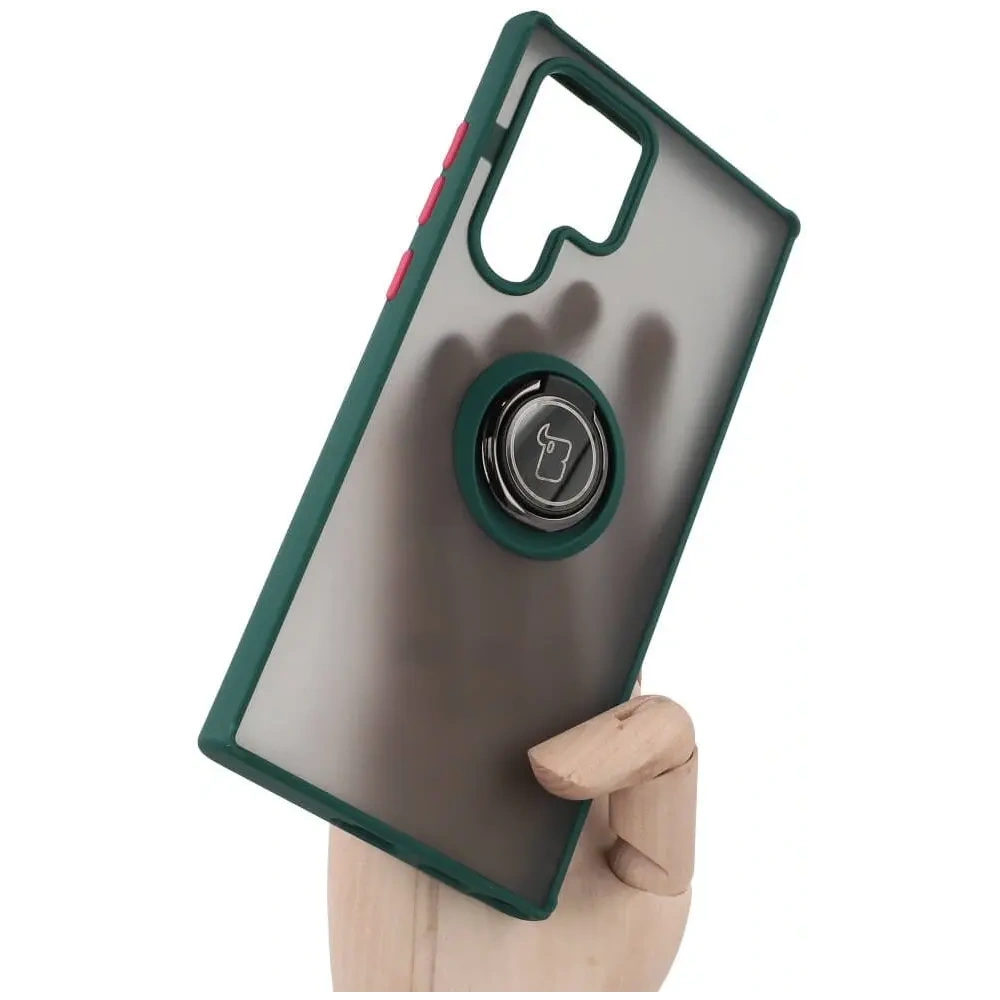 Wholesale Bizon Case Hybrid Ring Samsung Galaxy S22 Ultra smoky with a dark green frame - BIZ1642 - {ean13} - Hurt