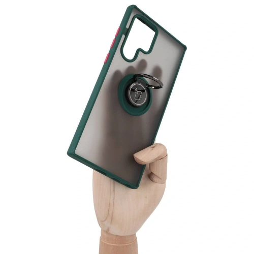 Etui z uchwytem na palec Bizon Case Hybrid Ring do Samsung Galaxy S22 Ultra przydymione z ciemnozieloną ramką