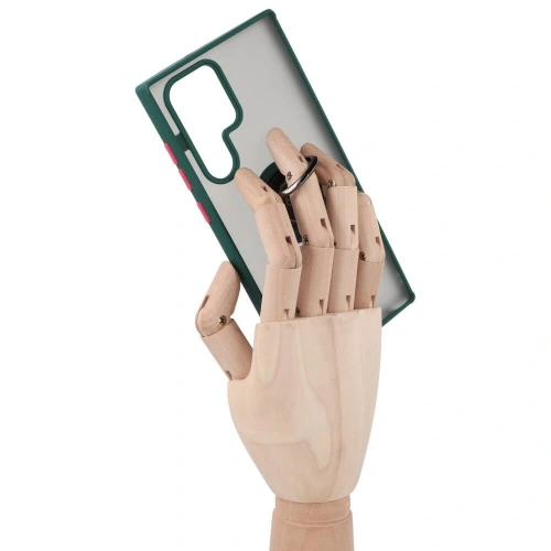 Etui z uchwytem na palec Bizon Case Hybrid Ring do Samsung Galaxy S22 Ultra przydymione z ciemnozieloną ramką