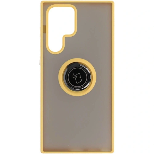 Etui z uchwytem na palec Bizon Case Hybrid Ring do Samsung Galaxy S22 Ultra przydymione z żółtą ramką