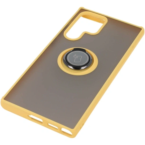 Etui z uchwytem na palec Bizon Case Hybrid Ring do Samsung Galaxy S22 Ultra przydymione z żółtą ramką