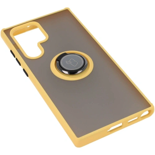 Etui z uchwytem na palec Bizon Case Hybrid Ring do Samsung Galaxy S22 Ultra przydymione z żółtą ramką