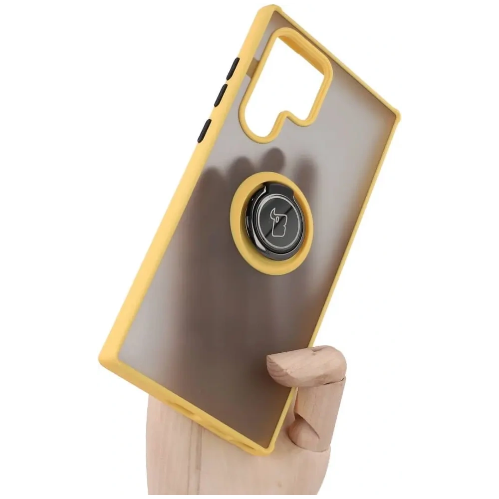 Wholesale Bizon Case Hybrid Ring Samsung Galaxy S22 Ultra smoky with a yellow frame - BIZ7820 - {ean13} - Hurt