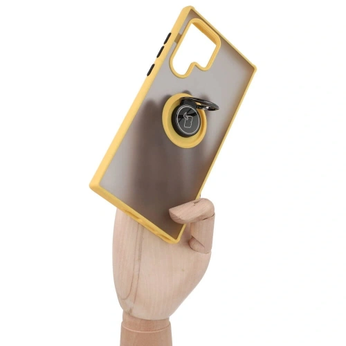 Etui z uchwytem na palec Bizon Case Hybrid Ring do Samsung Galaxy S22 Ultra przydymione z żółtą ramką