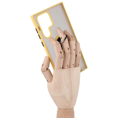 Etui z uchwytem na palec Bizon Case Hybrid Ring do Samsung Galaxy S22 Ultra przydymione z żółtą ramką