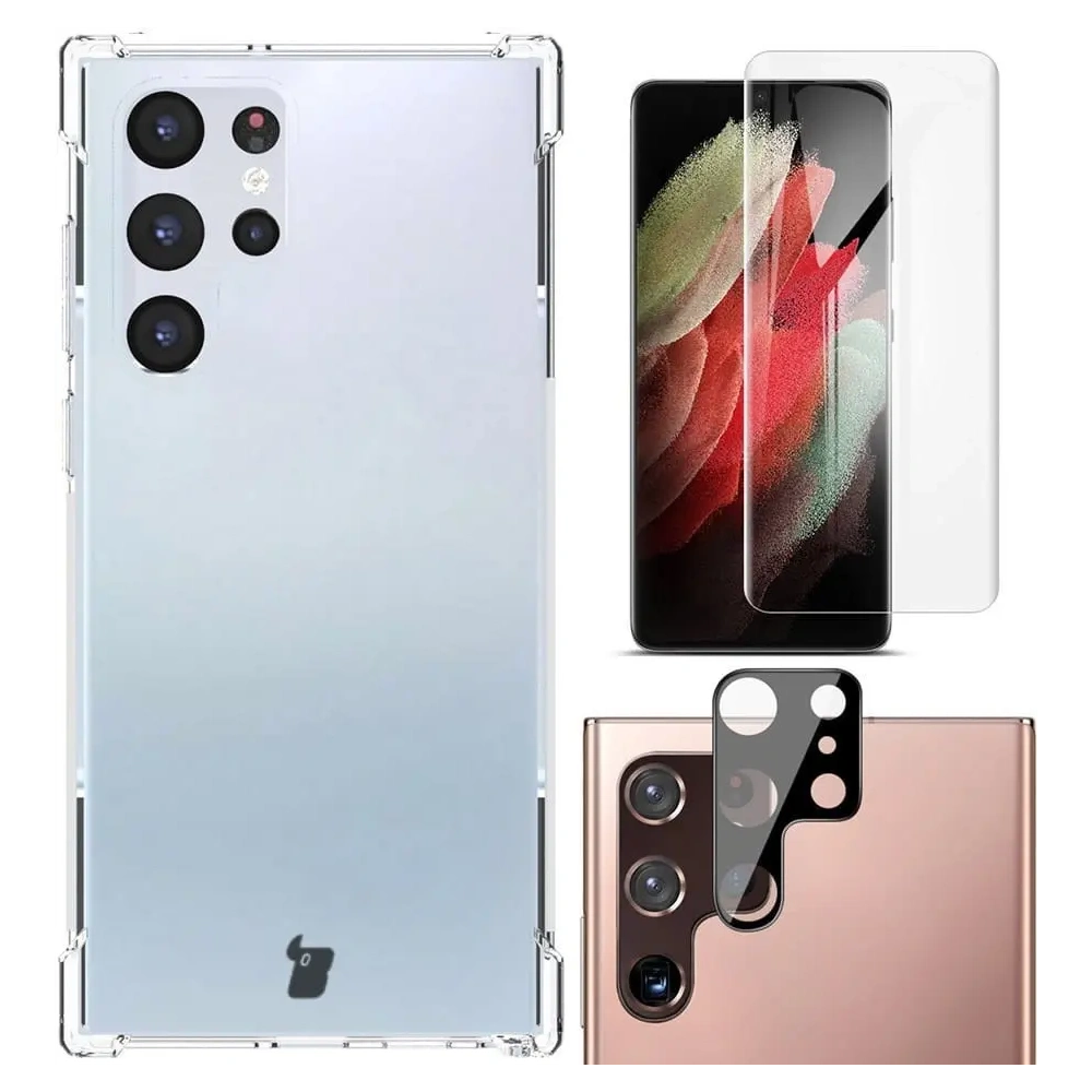 Wholesale Bizon Case Clear Pack case + 2x screen film + lens protector Samsung Galaxy S22 Ultra clear - BIZ1648 - {ean13} - Hurt