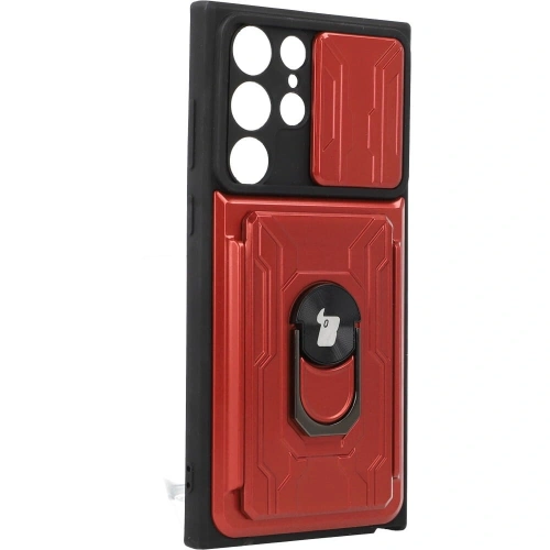 Etui Bizon Case Camshield Card Slot Ring do Samsung Galaxy S22 Ultra czerwone