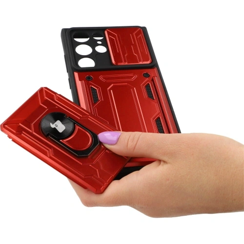 Etui Bizon Case Camshield Card Slot Ring do Samsung Galaxy S22 Ultra czerwone