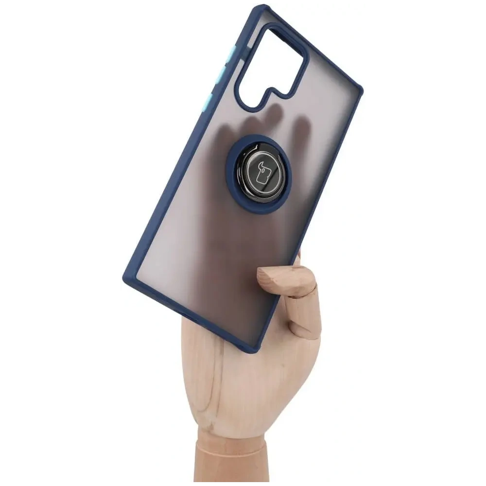 Hurtownia GSM - Etui z uchwytem na palec Bizon Case Hybrid Ring do Galaxy S22 Ultra, przydymione z granatową ramką - BIZ7834 - {ean13} - Hurt
