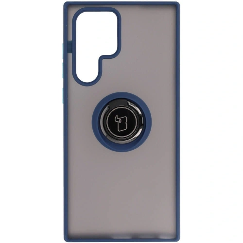 Etui z uchwytem na palec Bizon Case Hybrid Ring do Samsung Galaxy S22 Ultra przydymione z granatową ramką