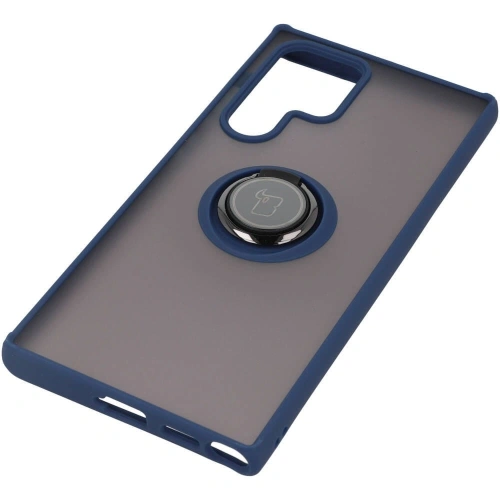 Etui z uchwytem na palec Bizon Case Hybrid Ring do Samsung Galaxy S22 Ultra przydymione z granatową ramką