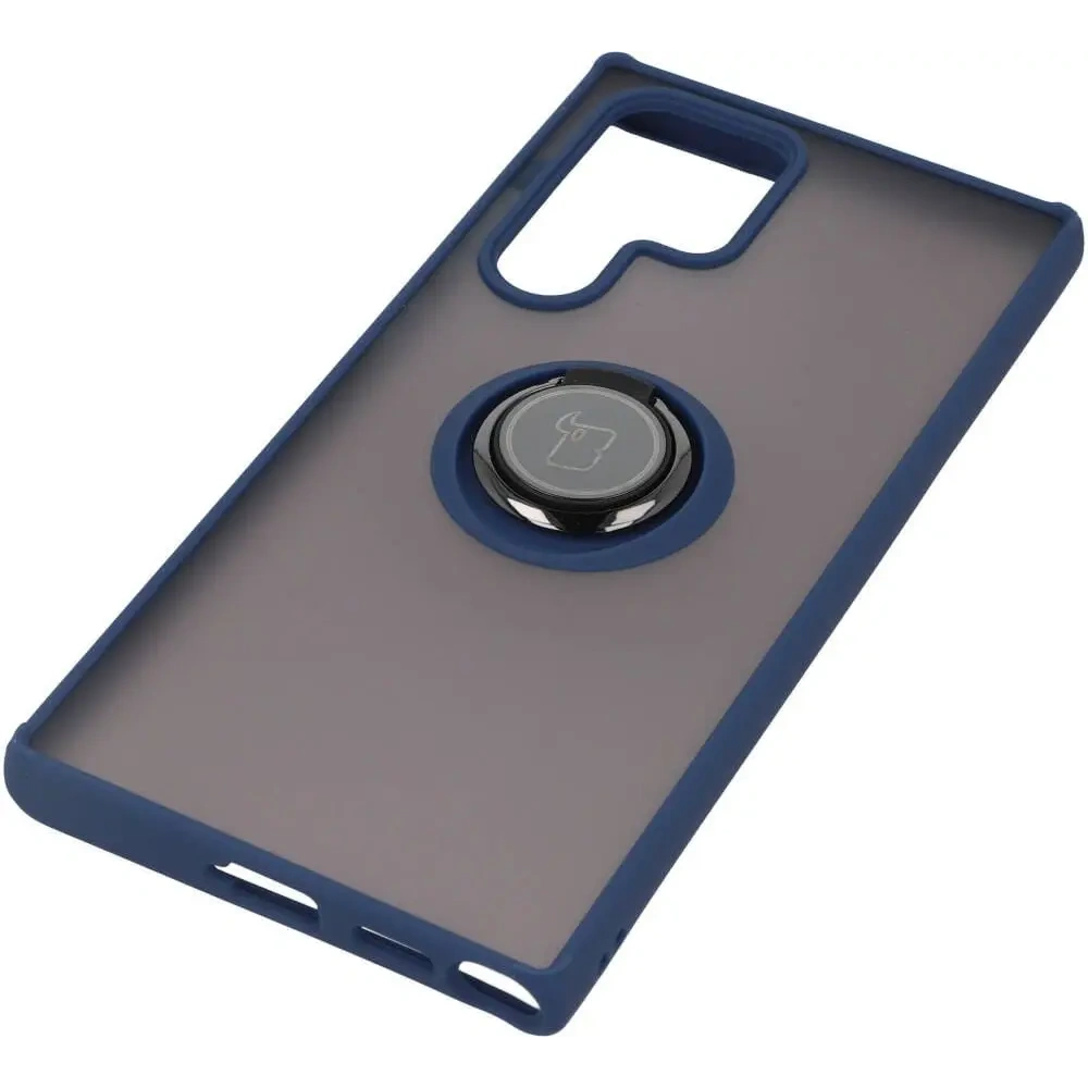 Hurtownia GSM - Etui z uchwytem na palec Bizon Case Hybrid Ring do Samsung Galaxy S22 Ultra przydymione z granatową ramką - BIZ7834 - {ean13} - Hurt
