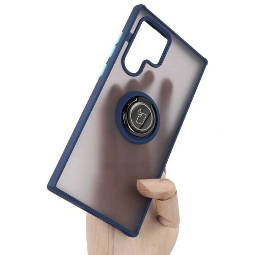 Etui z uchwytem na palec Bizon Case Hybrid Ring do Samsung Galaxy S22 Ultra przydymione z granatową ramką