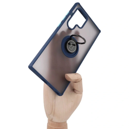 Etui z uchwytem na palec Bizon Case Hybrid Ring do Samsung Galaxy S22 Ultra przydymione z granatową ramką