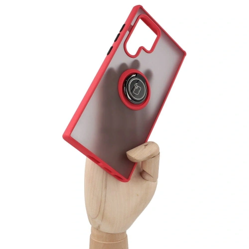 Etui z uchwytem na palec Bizon Case Hybrid Ring do Samsung Galaxy S22 Ultra przydymione z czerwoną ramką