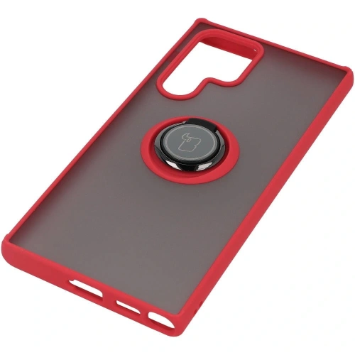 Etui z uchwytem na palec Bizon Case Hybrid Ring do Samsung Galaxy S22 Ultra przydymione z czerwoną ramką