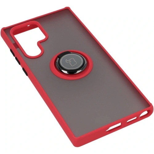 Etui z uchwytem na palec Bizon Case Hybrid Ring do Samsung Galaxy S22 Ultra przydymione z czerwoną ramką