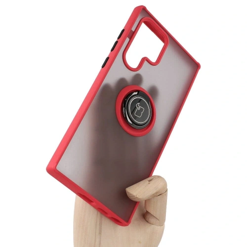 Etui z uchwytem na palec Bizon Case Hybrid Ring do Samsung Galaxy S22 Ultra przydymione z czerwoną ramką