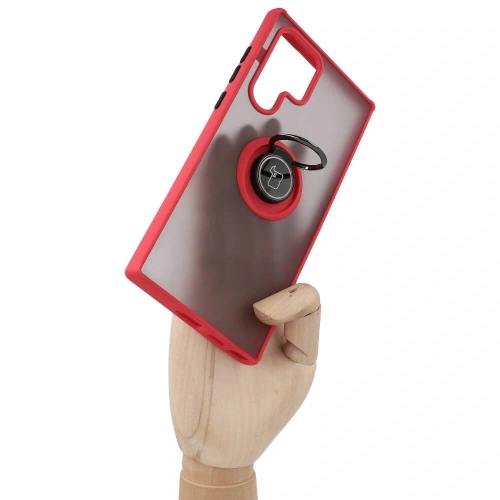 Etui z uchwytem na palec Bizon Case Hybrid Ring do Samsung Galaxy S22 Ultra przydymione z czerwoną ramką