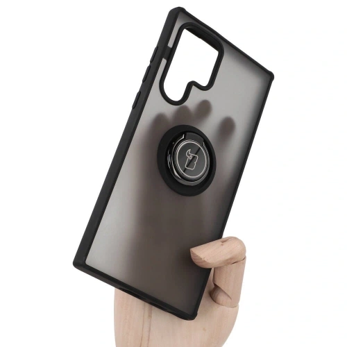 Etui z uchwytem na palec Bizon Case Hybrid Ring do Samsung Galaxy S22 Ultra przydymione z czarną ramką