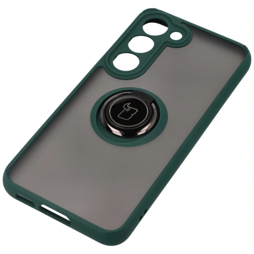 Etui z uchwytem na palec Bizon Case Hybrid Ring do Samsung Galaxy S23 przydymione z ciemnozieloną ramką
