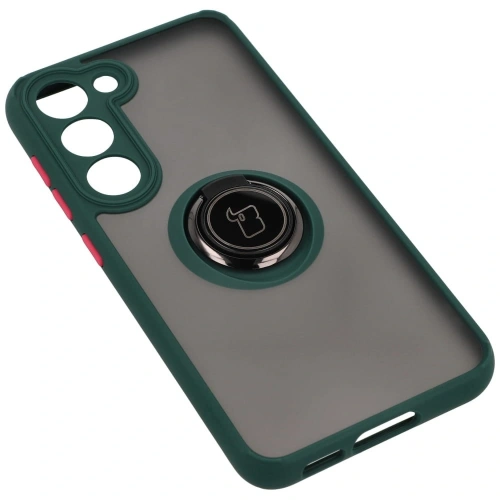 Etui z uchwytem na palec Bizon Case Hybrid Ring do Samsung Galaxy S23 przydymione z ciemnozieloną ramką