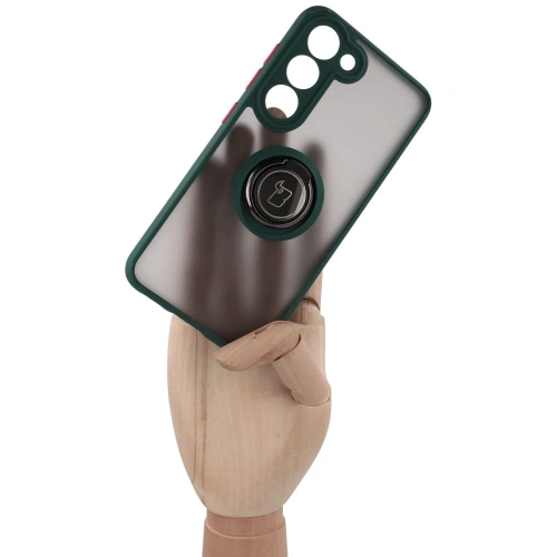 Etui z uchwytem na palec Bizon Case Hybrid Ring do Samsung Galaxy S23 przydymione z ciemnozieloną ramką
