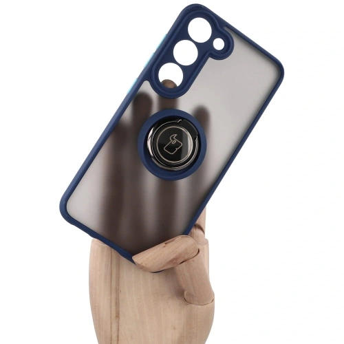 Etui z uchwytem na palec Bizon Case Hybrid Ring do Samsung Galaxy S23 przydymione z granatową ramką