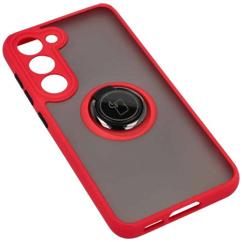 Etui z uchwytem na palec Bizon Case Hybrid Ring do Samsung Galaxy S23 przydymione z czerwoną ramką