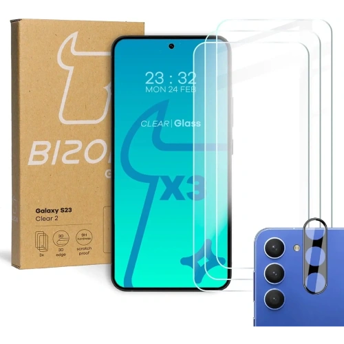 3x Szkło na ekran + szkło na aparat BIZON Clear 2 do Samsung Galaxy S23