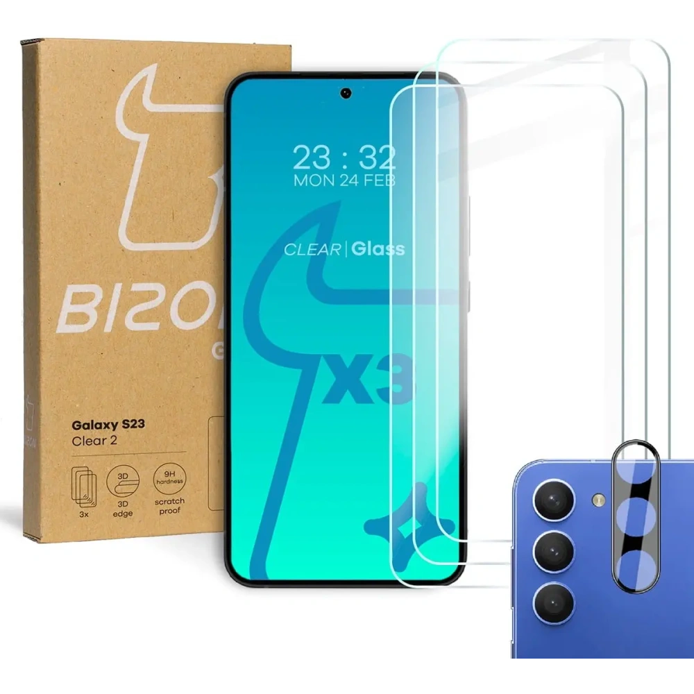 Wholesale BIZON Clear 2 3x screen glass + camera glass Samsung Galaxy S23 - BIZ1675 - {ean13} - Hurt