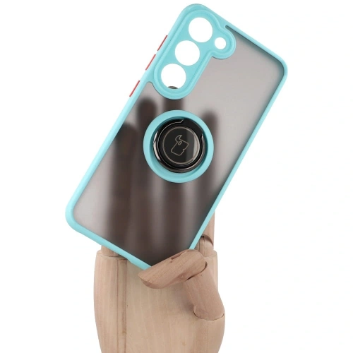 Etui z uchwytem na palec Bizon Case Hybrid Ring do Samsung Galaxy S23 przydymione z jasnoniebieską ramką