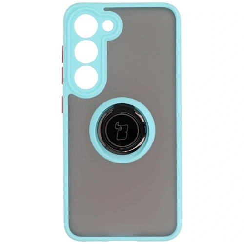 Etui z uchwytem na palec Bizon Case Hybrid Ring do Samsung Galaxy S23 przydymione z jasnoniebieską ramką