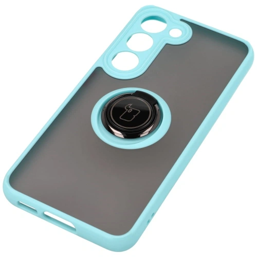 Etui z uchwytem na palec Bizon Case Hybrid Ring do Samsung Galaxy S23 przydymione z jasnoniebieską ramką