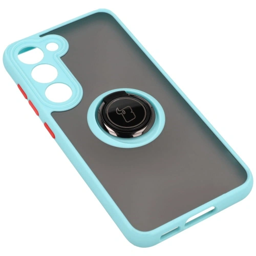 Etui z uchwytem na palec Bizon Case Hybrid Ring do Samsung Galaxy S23 przydymione z jasnoniebieską ramką