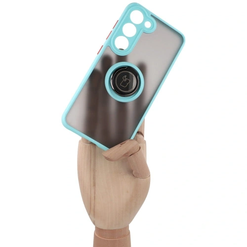 Etui z uchwytem na palec Bizon Case Hybrid Ring do Samsung Galaxy S23 przydymione z jasnoniebieską ramką