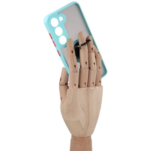 Etui z uchwytem na palec Bizon Case Hybrid Ring do Samsung Galaxy S23 przydymione z jasnoniebieską ramką
